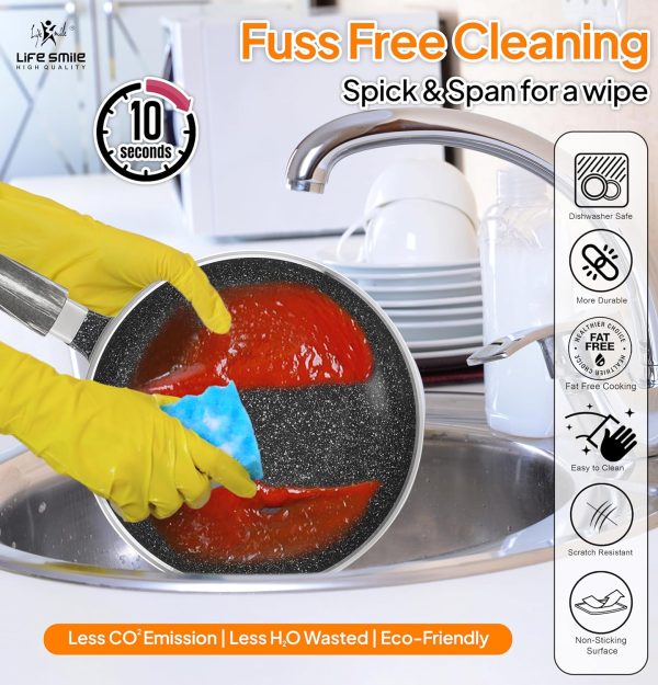 سرویس ماهی تابه LIFE SMILE Frying Pan Set - Multi Layer Granite Coating Fry Pan | Include 20 CM, 24 CM, 28 CM Non Stick Pan | Heat-Resistant Handle Hanging Loop (Black) - تصویر 6