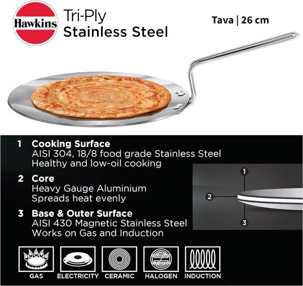 ماهی تابه Hawkins Tri-Ply Stainless Steel Tava 26 cm, 3.5mm Induction Compatible - تصویر 9