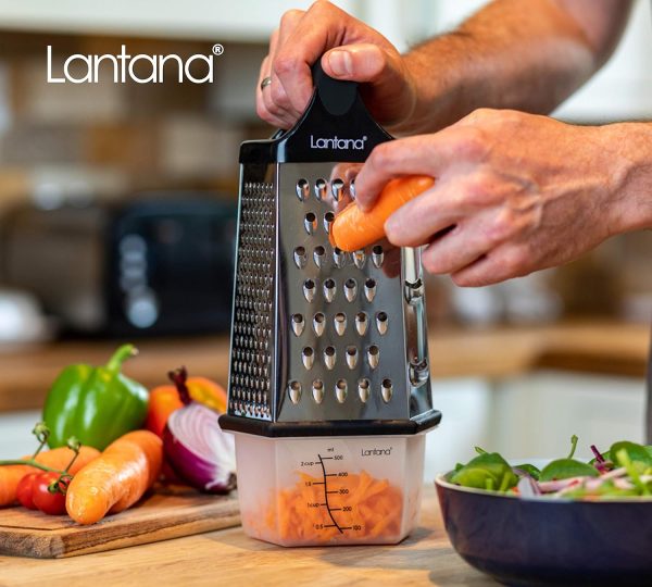 رنده Lantana Cheese Grater with Container – Hand held Grater/Slicer/Zester. 6 Essential Kitchen Functions for Coarse, Medium, Fine, Micro-Grating/Zesting/Slicing. Includes Fitted Measuring Container & Lid - تصویر 8