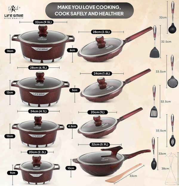 سرویس قابلمه Cookware Set Granite Stone - LIFE SMILE Pots and Pans set Multi Layer Granite Non Stick Coating Cookware Sets 100% PFOA FREE, Kitchenware Cooking Sets and Frying Pans (Red (24 Pieces)) - تصویر 5