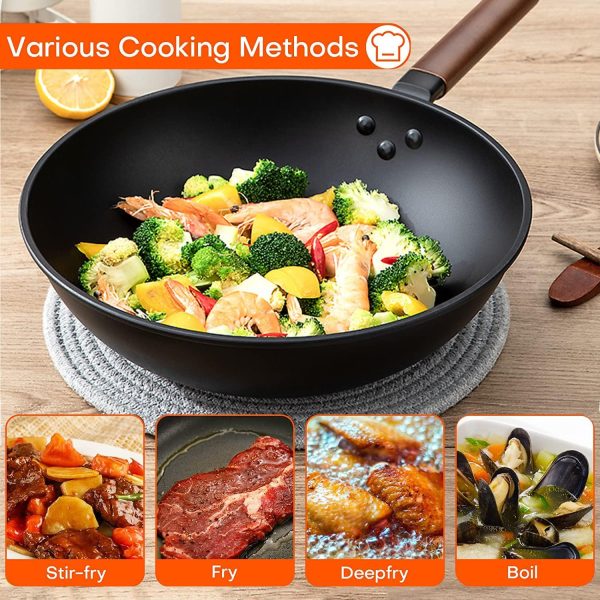 ماهی تابه وک Angju Carbon Steel Wok, 30cm Wok Pan with Lid and Spatula, Nonstick Woks and Stir-fry Pans, No Chemical Coated Flat Bottom Chinese Wok for Induction, Electric, Gas, All Stoves - تصویر 8