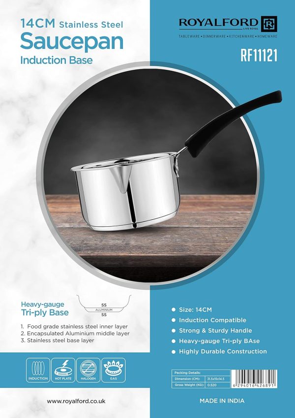 قابلمه RoyalFord 14cm Stainless Steel Saucepan, Induction Base, RF11121 Stainless Steel Kitchen Cookware Heavy gauge Tri ply Base Saucepan with Pouring Spout & Comfortable Handle, Multicolor - تصویر 4