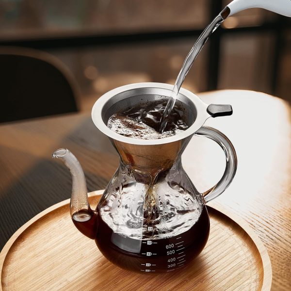 قهوه جوش Pour Over Coffee Maker,800ml/34oz Paperless Borosilicate Glass Carafe and Reusable Stainless Steel Permanent Filter,Glass Coffee Pot,Manual Coffee Dripper Brewer - تصویر 5