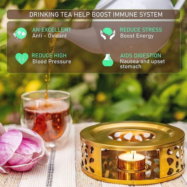 استند وارمر Arabest Tea Warmer, Stainless Steel Tea Pot Heater Tea Holder with Candle Holder, Teapot Warmers Tea Pot Heater with Ornate Design for Glass, Ceramic Teapots and Other Heatproof Pots (Gold) - تصویر 6