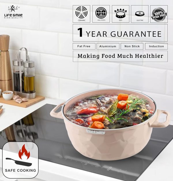 سرویس قابلمه LIFE SMILE Pots Set 8 pieces - LIFE SMILE Cookware set Induction Base, Granite Non Stick Coating,100% PFOA FREE Casserole Set include Casseroles And Silicone Utensils (Beige (24/28/32 CM)) - تصویر 6