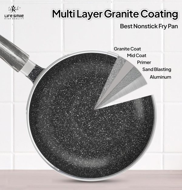 سرویس ماهی تابه LIFE SMILE Frying Pan Set - Multi Layer Granite Coating Fry Pan | Include 20 CM, 24 CM, 28 CM Non Stick Pan | Heat-Resistant Handle Hanging Loop (Black) - تصویر 8