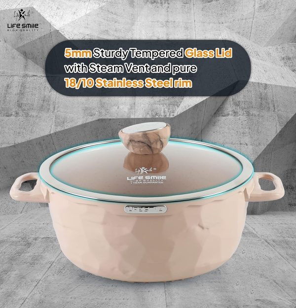 سرویس قابلمه LIFE SMILE Pots Set 8 pieces - LIFE SMILE Cookware set Induction Base, Granite Non Stick Coating,100% PFOA FREE Casserole Set include Casseroles And Silicone Utensils (Beige (24/28/32 CM)) - تصویر 9