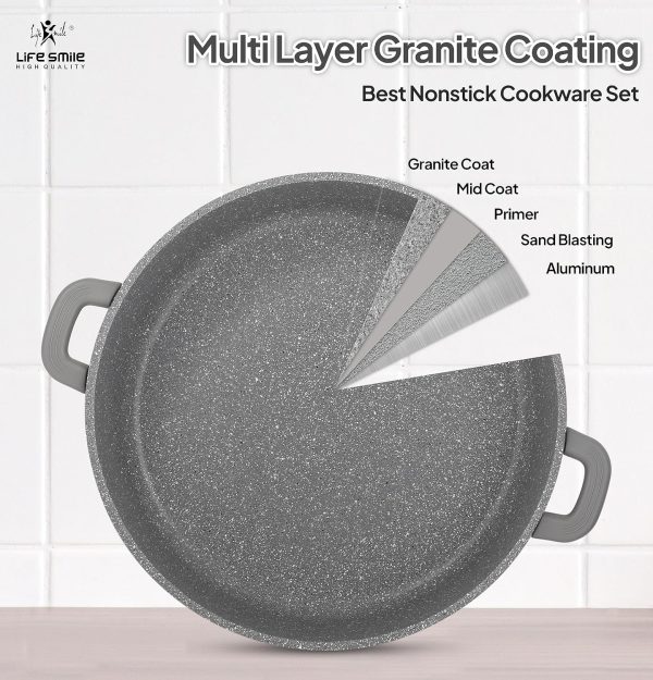 سرویس قابلمه Cookware Set 29 pieces - LIFE SMILE Pots and Pans set Granite Non Stick Coating 100% PFOA FREE, Induction Base Cooking Set include Casseroles & Shallow Pot & Fry Pans & Silicone Utensils (Grey) - تصویر 5