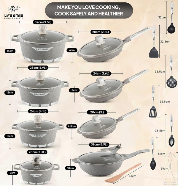 سرویس قابلمه Cookware Set Granite Stone - LIFE SMILE Pots and Pans set Multi Layer Granite Non Stick Coating Cookware Sets 100% PFOA FREE, Kitchenware Cooking Sets and Frying Pans (Grey (24 Pieces)) - تصویر 4