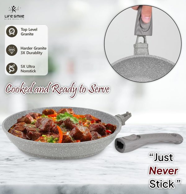 سرویس قابلمه Cookware Set 29 pieces - LIFE SMILE Pots and Pans set Granite Non Stick Coating 100% PFOA FREE, Induction Base Cooking Set include Casseroles & Shallow Pot & Fry Pans & Silicone Utensils (Grey) - تصویر 6