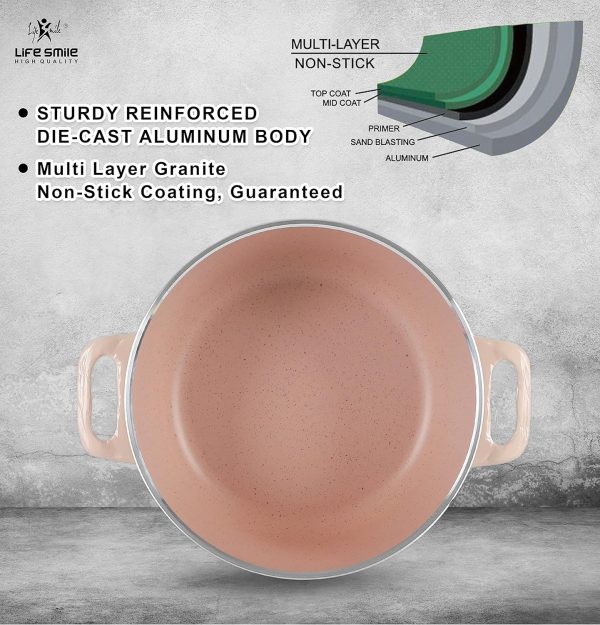 قابلمه LIFE SMILE Cooking Pot | aluminum Soup Pot With Glass Lid | 100% PFOA Free, Induction Bottom | Multi Layer Non-Stick Granite Coating | oven safe & Dishwasher Safe (16CM (1.5 Liters), Cream) - تصویر 8