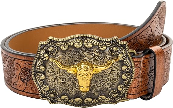 کمربند Men-Western-Cowboy-Leather-Buckle-Belts-with-Longhorn-Bull-Floral-Engraved-Belt-Buckle-for-Jeans 33" to 42" Waist