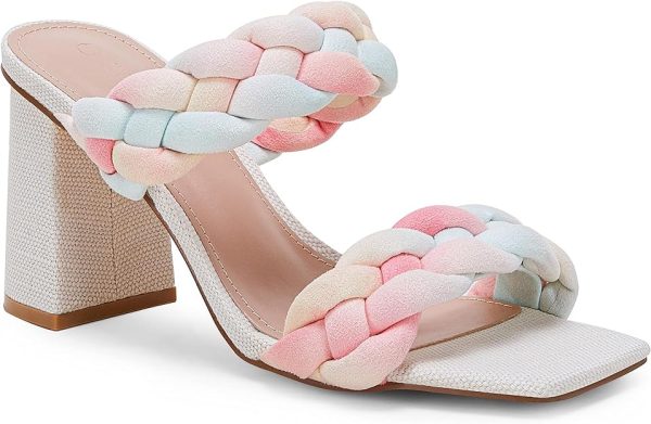 صندل Syktkmx Womens' Braided Heeled Sandals Backless Square Open Toe Block Slide