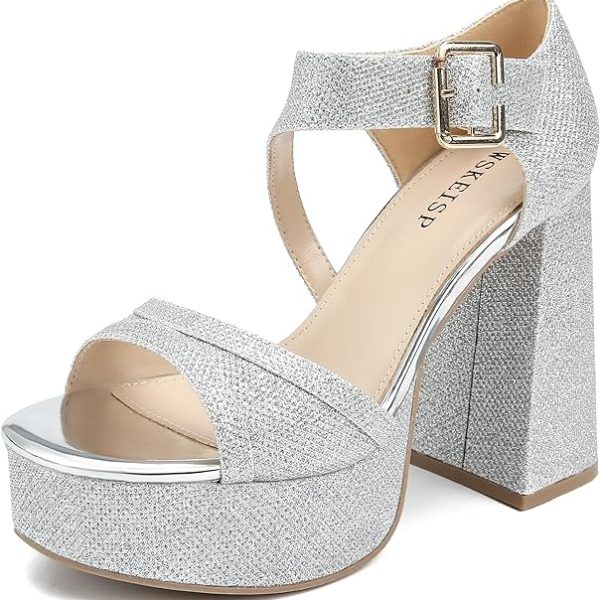 کفش WSKEISP Platform Chunky Heels for Women Trendy Square Toe Heeled Sandals Black White Pink Silver Gold High Heels Ankle Strap Party Wedding Dress Pumps