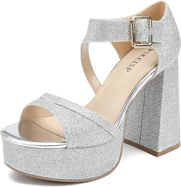 کفش WSKEISP Platform Chunky Heels for Women Trendy Square Toe Heeled Sandals Black White Pink Silver Gold High Heels Ankle Strap Party Wedding Dress Pumps
