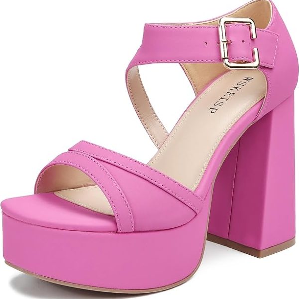 کفش WSKEISP Platform Chunky Heels for Women Trendy Square Toe Heeled Sandals Black White Pink Silver Gold High Heels Ankle Strap Party Wedding Dress Pumps