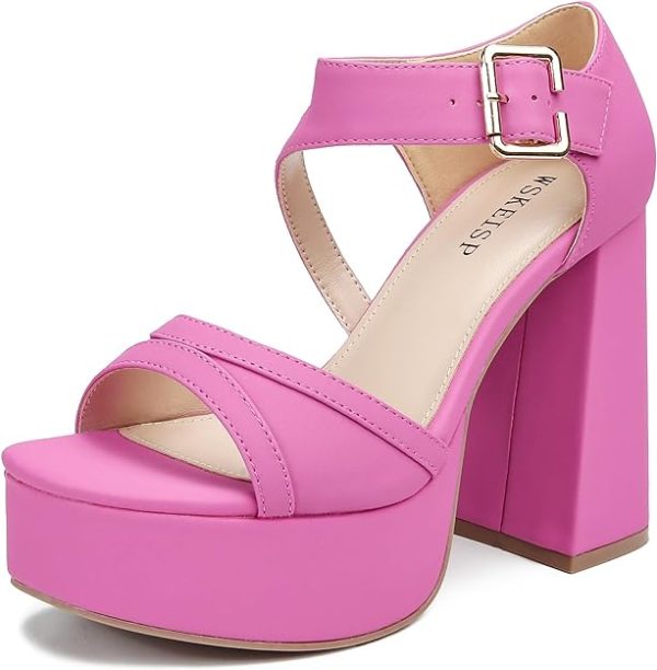 کفش WSKEISP Platform Chunky Heels for Women Trendy Square Toe Heeled Sandals Black White Pink Silver Gold High Heels Ankle Strap Party Wedding Dress Pumps