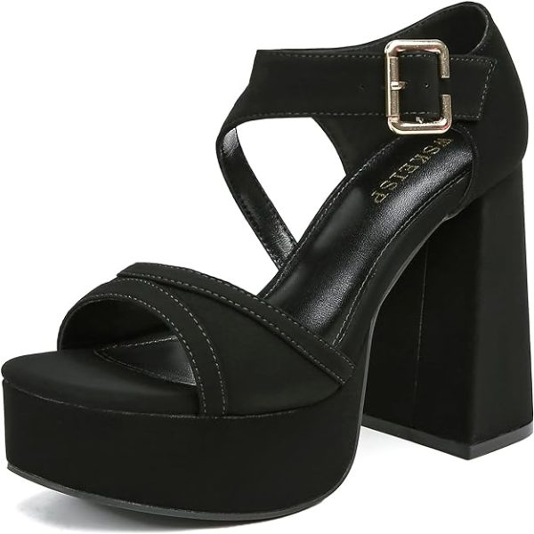 کفش WSKEISP Platform Chunky Heels for Women Trendy Square Toe Heeled Sandals Black White Pink Silver Gold High Heels Ankle Strap Party Wedding Dress Pumps