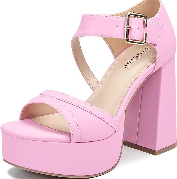 کفش WSKEISP Platform Chunky Heels for Women Trendy Square Toe Heeled Sandals Black White Pink Silver Gold High Heels Ankle Strap Party Wedding Dress Pumps
