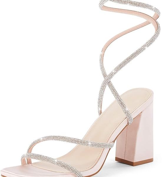 کفش Coutgo Womens Lace Up Chunky Heels Rhinestone Sandals Square Open Toe High Block Heeled Wedding Dress Shoes