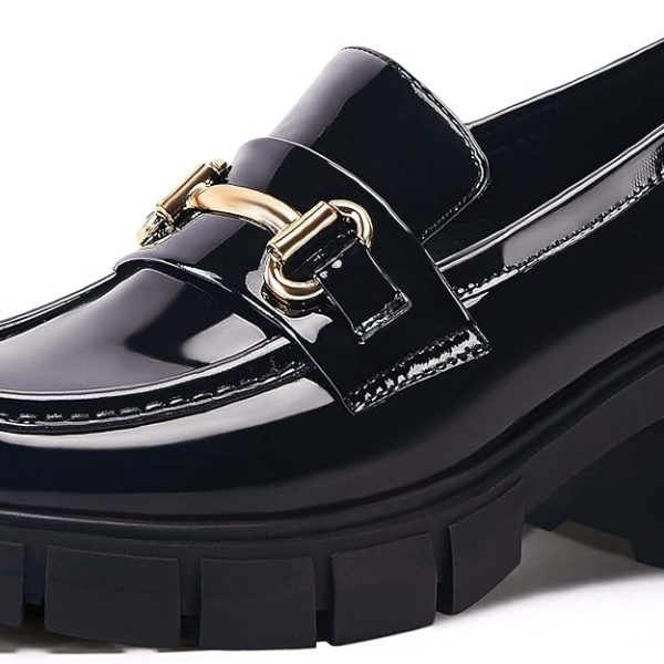 کفش Coutgo Womens Chunky Platform Lug Sole Loafers Mid Heel Square Toe Dress Walking Work Shoes with Buckle Chain