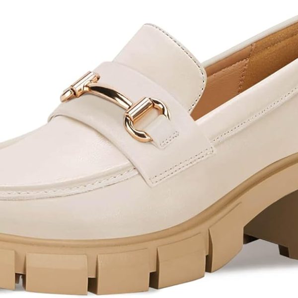 کفش Coutgo Womens Chunky Platform Lug Sole Loafers Mid Heel Square Toe Dress Walking Work Shoes with Buckle Chain