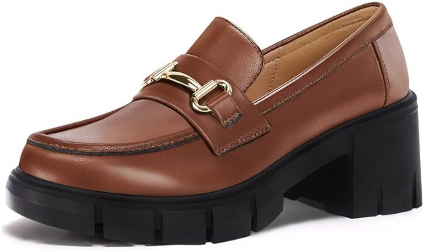 کفش Coutgo Womens Chunky Platform Lug Sole Loafers Mid Heel Square Toe Dress Walking Work Shoes with Buckle Chain