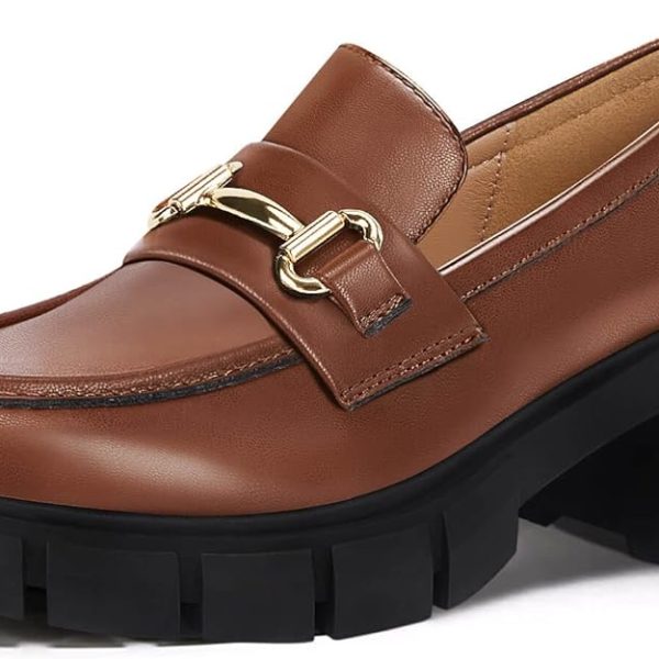 کفش Coutgo Womens Chunky Platform Lug Sole Loafers Mid Heel Square Toe Dress Walking Work Shoes with Buckle Chain