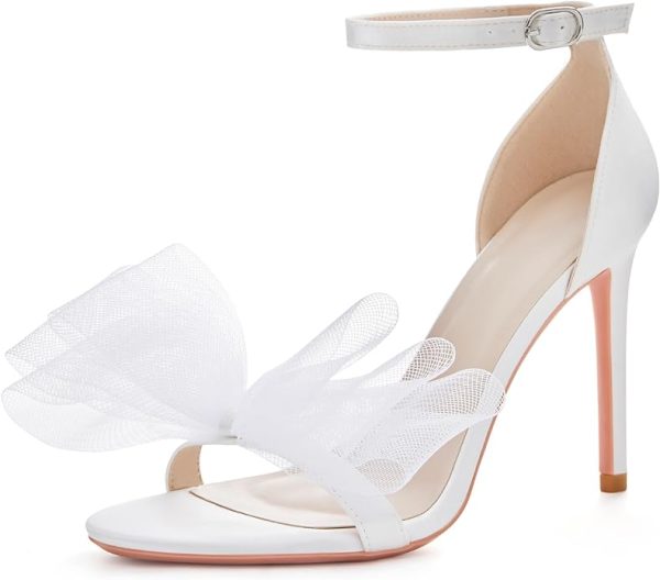 کفش Coutgo Womens' One Strap Heeled Sandals Open Toe Bow Knot Satin Ankle Buckle Stiletto Summer Shoes - تصویر 2