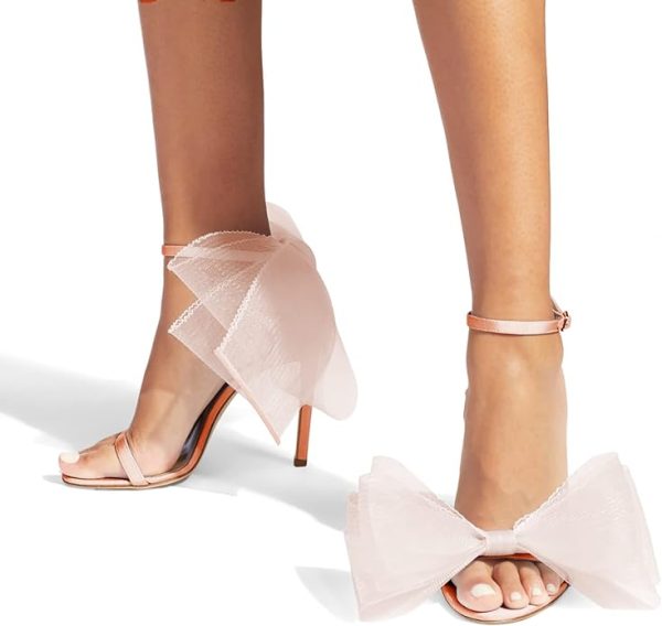 کفش Coutgo Womens' One Strap Heeled Sandals Open Toe Bow Knot Satin Ankle Buckle Stiletto Summer Shoes - تصویر 2