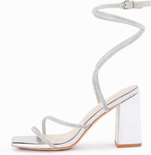 کفش Coutgo Womens Lace Up Chunky Heels Rhinestone Sandals Square Open Toe High Block Heeled Wedding Dress Shoes - تصویر 2