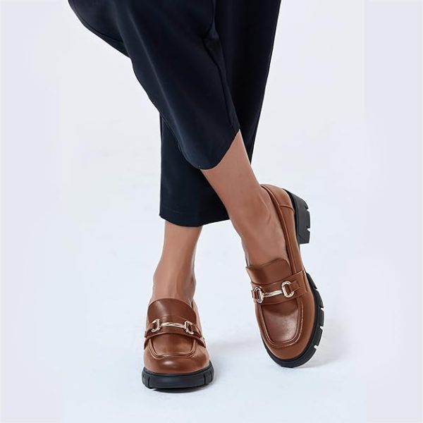 کفش Coutgo Womens Chunky Platform Lug Sole Loafers Mid Heel Square Toe Dress Walking Work Shoes with Buckle Chain - تصویر 4