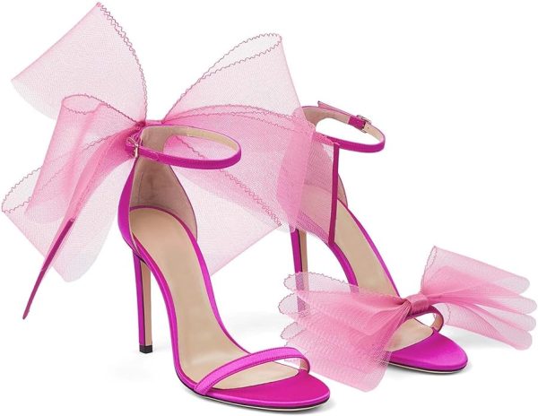 کفش Coutgo Womens' One Strap Heeled Sandals Open Toe Bow Knot Satin Ankle Buckle Stiletto Summer Shoes - تصویر 7