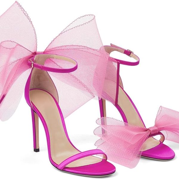 کفش Coutgo Womens' One Strap Heeled Sandals Open Toe Bow Knot Satin Ankle Buckle Stiletto Summer Shoes