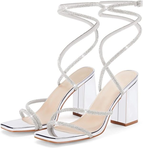 کفش Coutgo Womens Lace Up Chunky Heels Rhinestone Sandals Square Open Toe High Block Heeled Wedding Dress Shoes - تصویر 3