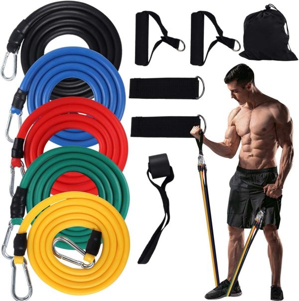 کش ورزشی SKY-TOUCH Portable Exercise 11Pcs Resistance Band Set Stackable Up to 150 Lbs (5 Stackable Exercise Bands with Door Anchor, Ankle Straps Carrying Case) Exercise Stretch Fitness Home Set