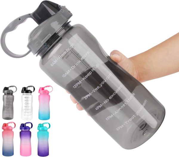 قمقمه TopGearWorld Water Bottle 2L/ Large Sports Bottle with Time Marker, BPA Free & Leakproof, Reusable Portable Fitness Sport Water Bottles for Gym &Outdoor Sports &Office (Grey)