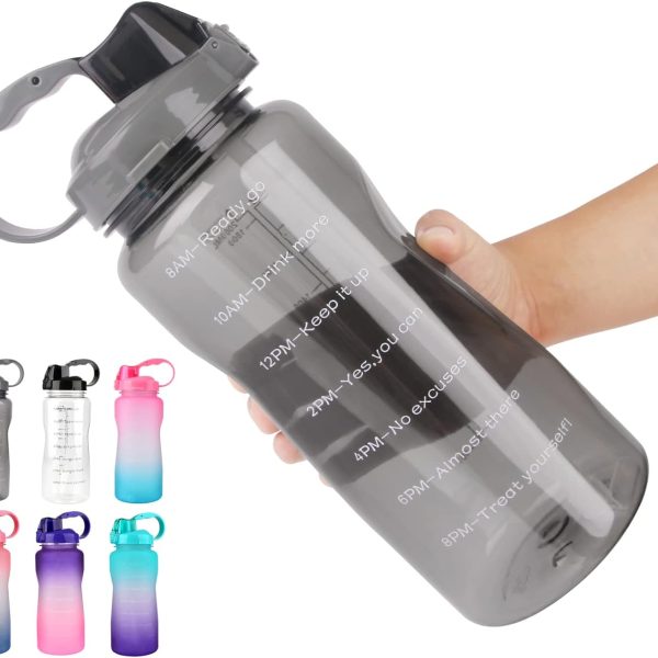 قمقمه TopGearWorld Water Bottle 2L/ Large Sports Bottle with Time Marker, BPA Free & Leakproof, Reusable Portable Fitness Sport Water Bottles for Gym &Outdoor Sports &Office (Grey)