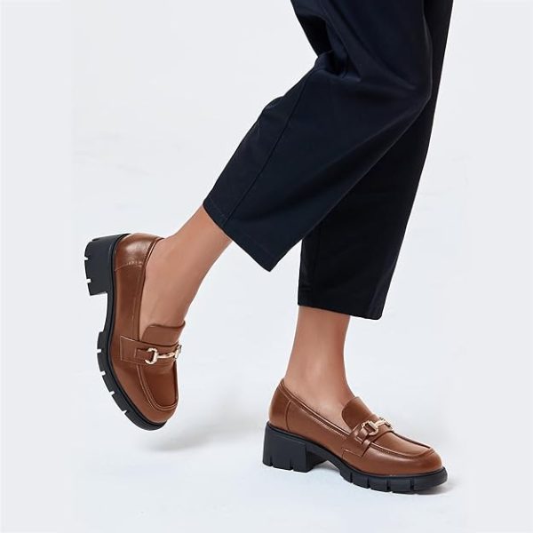 کفش Coutgo Womens Chunky Platform Lug Sole Loafers Mid Heel Square Toe Dress Walking Work Shoes with Buckle Chain - تصویر 5