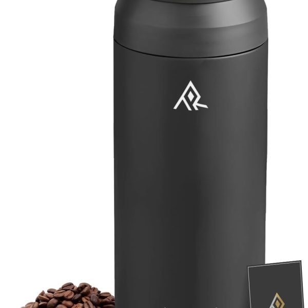 قمقمه TRENZI 500ml Tritan Insulated Hot and Cold Water Bottle - BPA-Free, Leak-Proof, Spill-Proof Sports Bottle with Straw & Spout Lid - Wide Mouth, Carry Strap, Adults, Gym, Coffee Mug Alternative (Black)