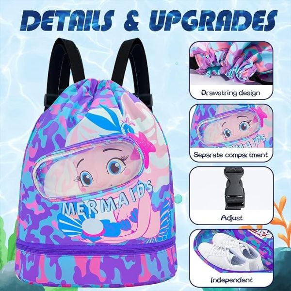 کیف ورزشی شنا TAPIT Swimming Backpack for Kids, Dry and Wet Separation Waterproof Storage Bag Portable Drawstring Backpack for Gym Sports Beach Pool Gear Bag - تصویر 4