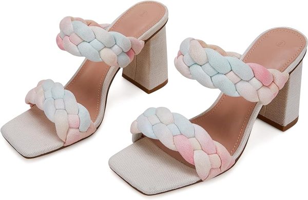 صندل Syktkmx Womens' Braided Heeled Sandals Backless Square Open Toe Block Slide - تصویر 4