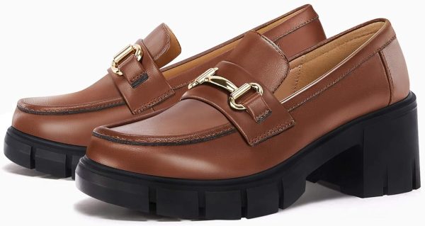کفش Coutgo Womens Chunky Platform Lug Sole Loafers Mid Heel Square Toe Dress Walking Work Shoes with Buckle Chain - تصویر 6