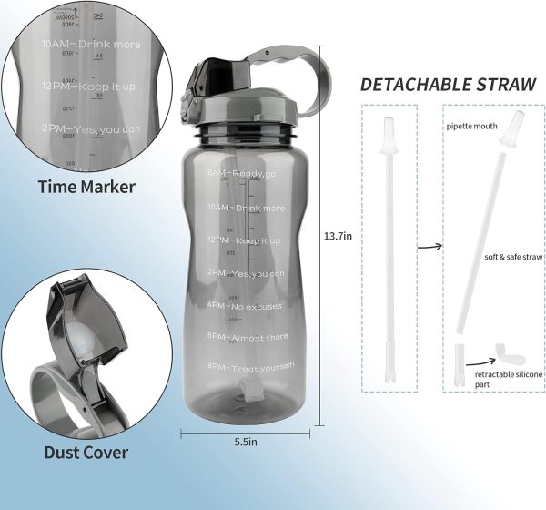 قمقمه TopGearWorld Water Bottle 2L/ Large Sports Bottle with Time Marker, BPA Free & Leakproof, Reusable Portable Fitness Sport Water Bottles for Gym &Outdoor Sports &Office (Grey) - تصویر 4