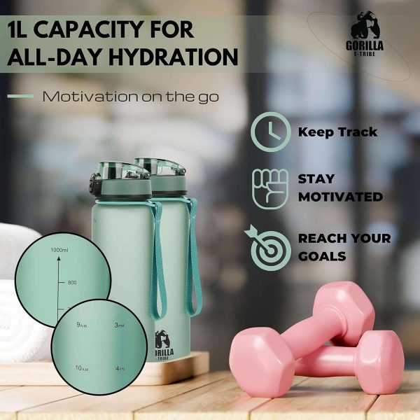 قمقمه Sports Water Bottle 1l with Time Marker by Gorilla E-Tribe - Motivational Water Bottle BPA Free & Leak Proof - Infuser Strainer - Day Water Bottle for Gym, School. Office, Outdoors - Elegant Green - تصویر 4