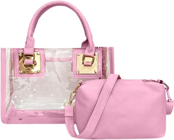 کیف Women 2Pcs Small Tote Clear Shoulder Top-handle Bag PVC Satchel Candy Handbag - تصویر 7