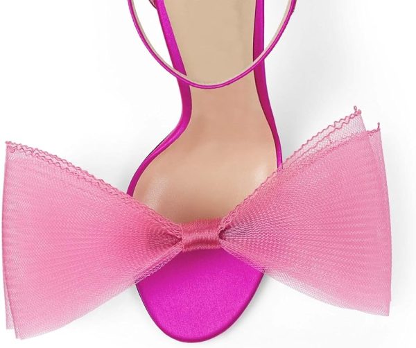 کفش Coutgo Womens' One Strap Heeled Sandals Open Toe Bow Knot Satin Ankle Buckle Stiletto Summer Shoes - تصویر 6