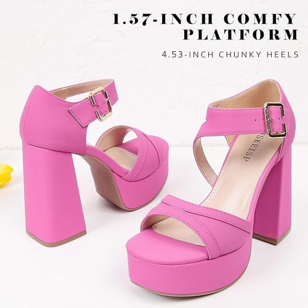 کفش WSKEISP Platform Chunky Heels for Women Trendy Square Toe Heeled Sandals Black White Pink Silver Gold High Heels Ankle Strap Party Wedding Dress Pumps - تصویر 5