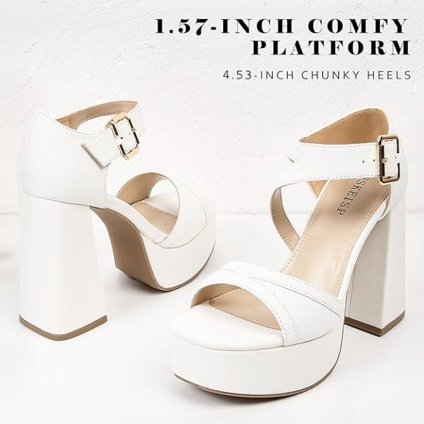 کفش WSKEISP Platform Chunky Heels for Women Trendy Square Toe Heeled Sandals Black White Pink Silver Gold High Heels Ankle Strap Party Wedding Dress Pumps - تصویر 5