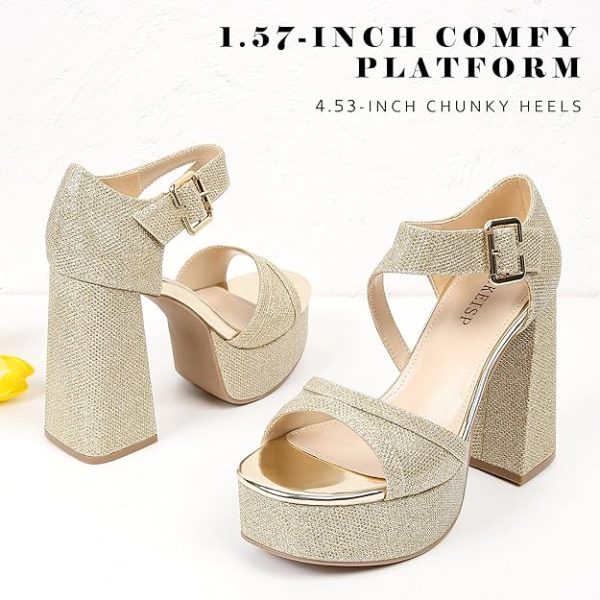 کفش WSKEISP Platform Chunky Heels for Women Trendy Square Toe Heeled Sandals Black White Pink Silver Gold High Heels Ankle Strap Party Wedding Dress Pumps - تصویر 5